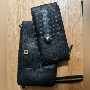 Lodis Black Leather Wristlet Wallet and Card Holder Set with Gold Accents